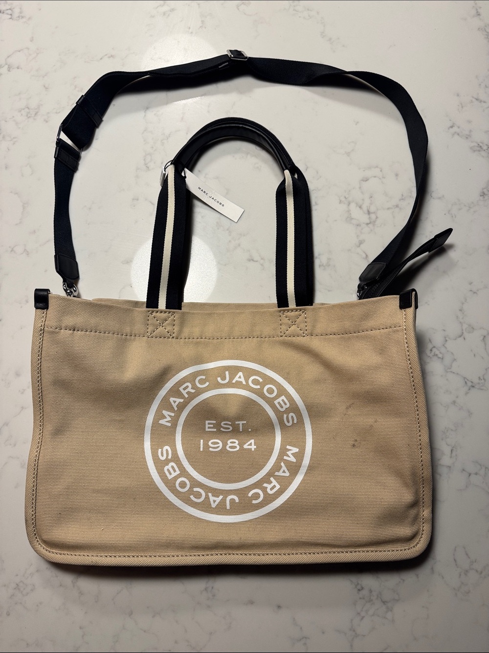 Marc Jacobs Beige Canvas Messenger Tote with Black Straps